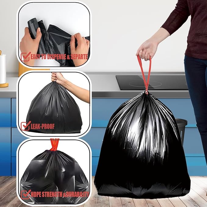 8-10 Gallon Trash Bags Drawstring, 120 Count Bulk, Black & Unscented Multi-purpose Garbage Bags for Business Home Bathroom Kitchen Commercial and Industrial