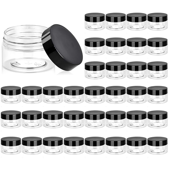 Eternal Moment 36 Pack 1 OZ Plastic Jars Round Clear Cosmetic Container Jars with Lids, Perfect for Lotion, Cream, Ointments, Makeup, Eye Shadow, Rhinestone, Samples, Pot, Travel Storage