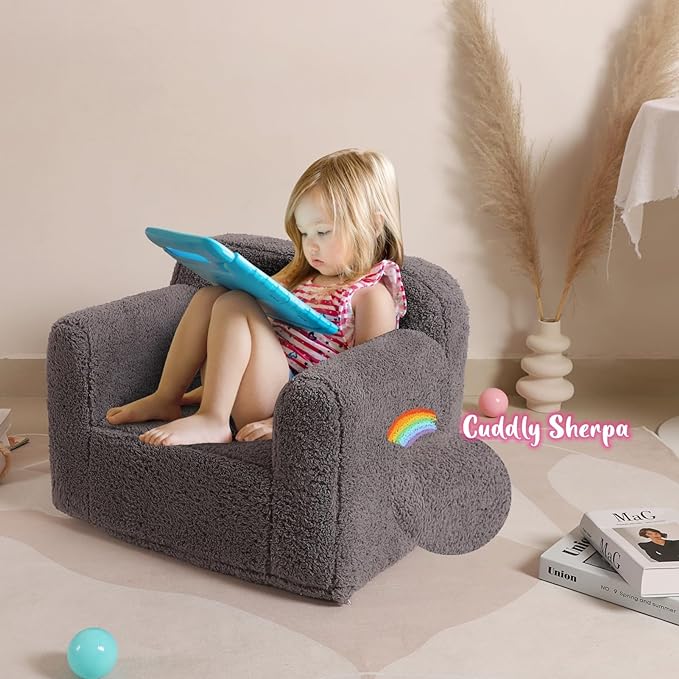Kids Snuggly-Soft Sherpa Chair, Cuddly Toddler Foam Chair for Boys and Girls, Grey
