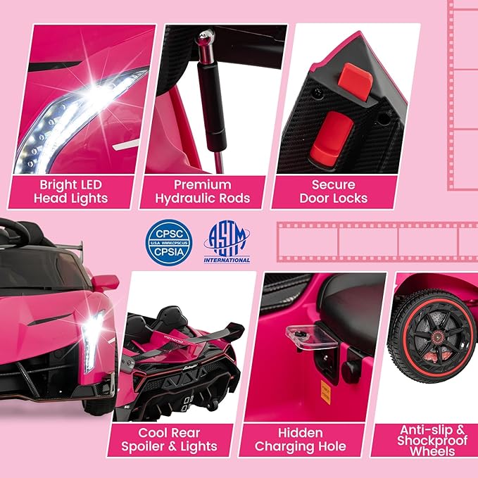 Costzon Pink Lamborghini Ride on Car, 12V Battery Powered 4WD Lambo Kids Car with Remote Control, 3 Speeds, Dual Doors, LED Lights, Horn, Music, Licensed Electric Vehicle for Toddlers Girls Kids Gift