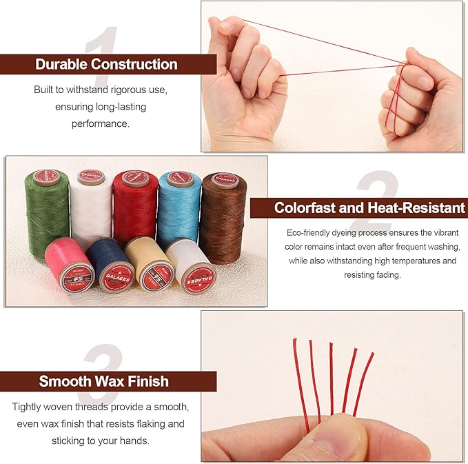 uxcell Flat Leather Sewing Waxed Thread, 270m / 295 Yards Polyester Wax String, 150D Wax Stitching Cord for Leather Crafts, Bookbinding, Bracelets Braided, Red