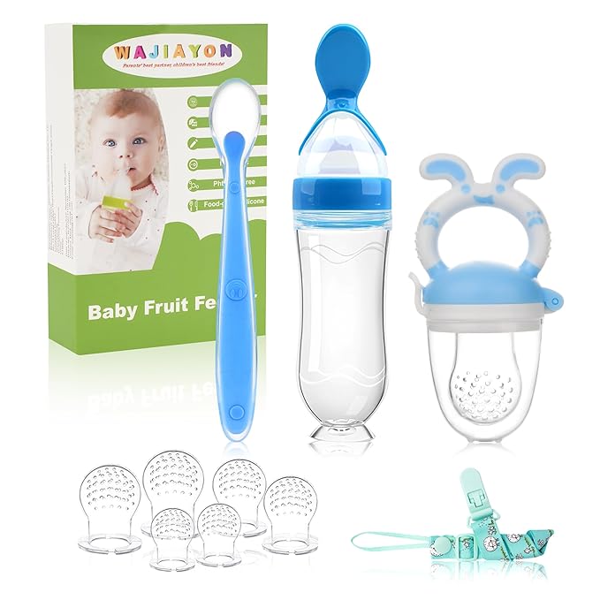 WAJIAYON Baby Fruit Feeder Pacifier- 3 Pack | Infant Food Feeder Pacifier & Baby Food Dispensing Spoon | Mesh Fresh Fruit Teethers for Babies | Shower Gifts for Boys and Girls (Sky Blue)