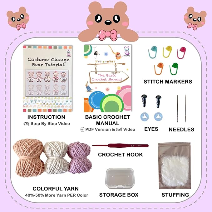 LoopMap Crochet Kit for Beginners - DIY Amigurumi Bear with Removable Dress & Accessories - Step-by-Step Video Tutorials, Extra Yarn, Crochet Tools, Handmade Gift for Kids & Adults (Bear K02, Purple)