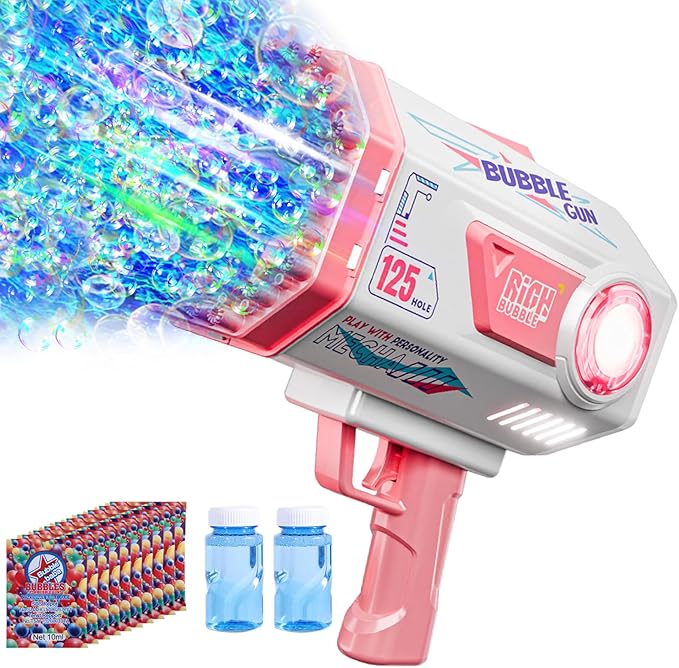 BOMOCO Bubble Gun,125 Holes Bubble Machine Bubbles for Kids Age 3-12,Bubble Blaster Gun with Bubble Solution Summer Outdoor Bubble Toys Birthday Wedding Halloween Party Favors Gifts Bubble Maker,Pink