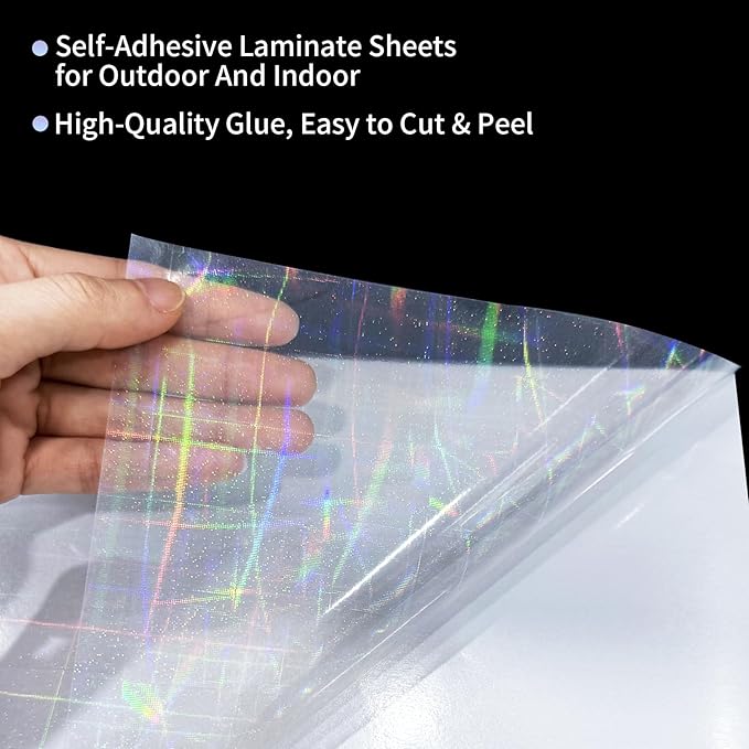 36 Sheets Holographic Sticker Paper,Holographic Laminate Sheets,A4 Size Clear Vinyl Sticker Sheets Self-Adhesive Rainbow Overlay Sheets,11.7 x 8.3 Inches（Grid）