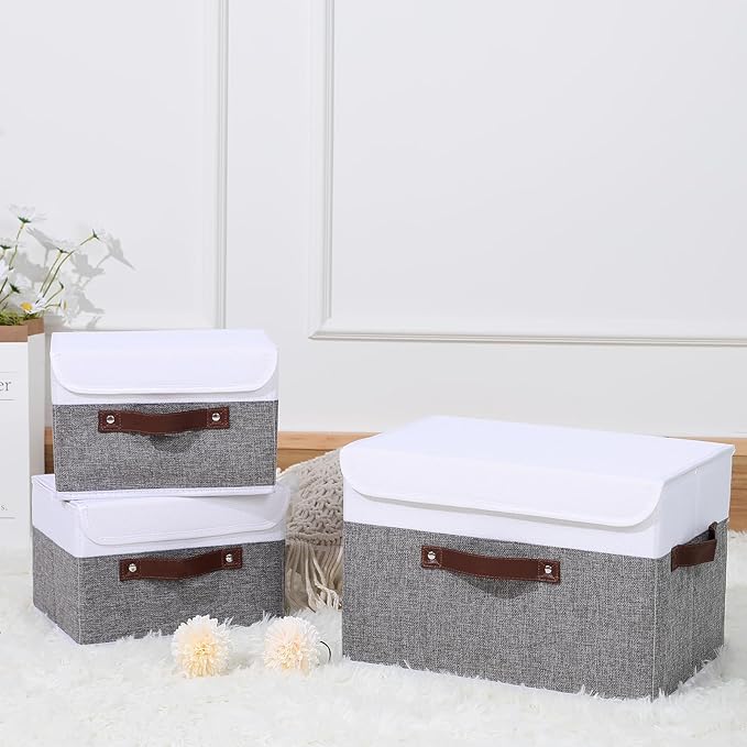 ANMINY 2PCS Storage Boxes with Lid Washable Decorative Storage Bins Basket with PU Leather Handle Foldable Linen Fabric Storage Cubes Containers for Home Closet Organizer - Gray White, Small Size