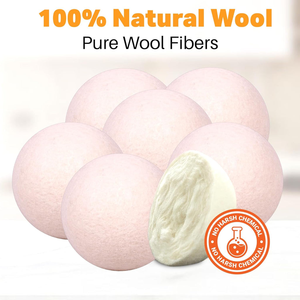 Wool Dryer Balls Organic Felt 6 Pack Laundry Fabric Softener, Extra Large Reusable Handmade Natural Sheep Wool Lint Wrinkle Free Anti Static Baby Safe (Plain White)