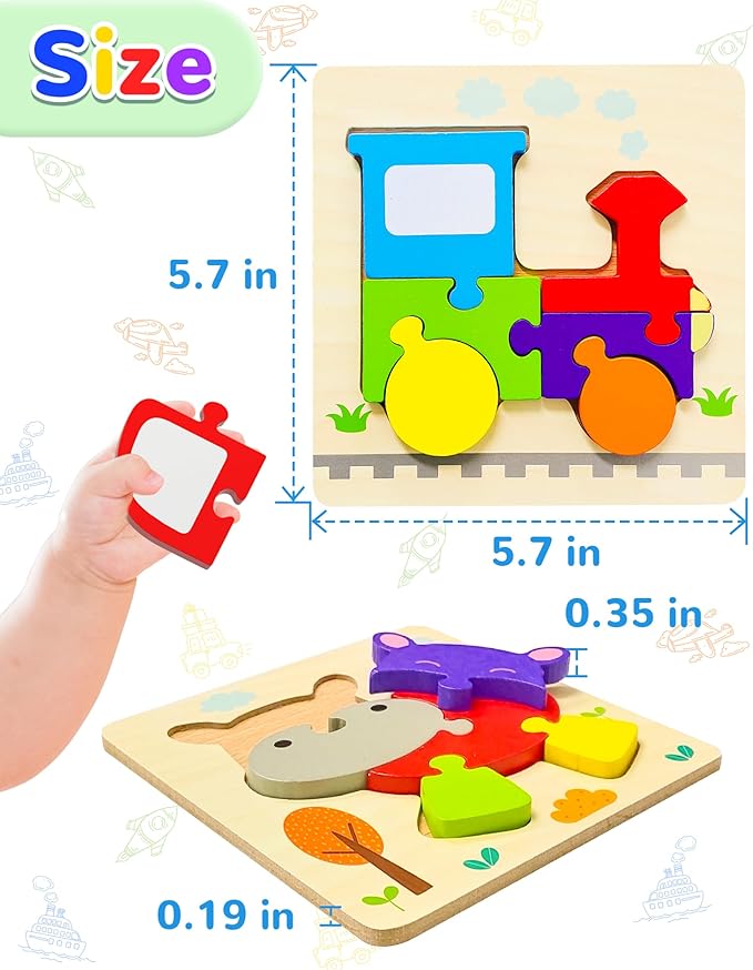 Yetonamr Wooden Toddler Puzzles Gifts Toys for 1 2 3 Years Old Boys Girls, 12 Vehicle Shape Montessori Toy Educational Blocks Kids Toys Gift Baby Learning Toy Age 1-3, 2-4
