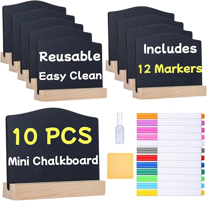 10 Pcs Reusable Mini Chalkboard Signs with Easel Stand for Food Labels, Double-Sided Use Message Board Signs, Weddings Place Cards, Birthday Parties, Table Numbers, Plants, Special Event Decorations
