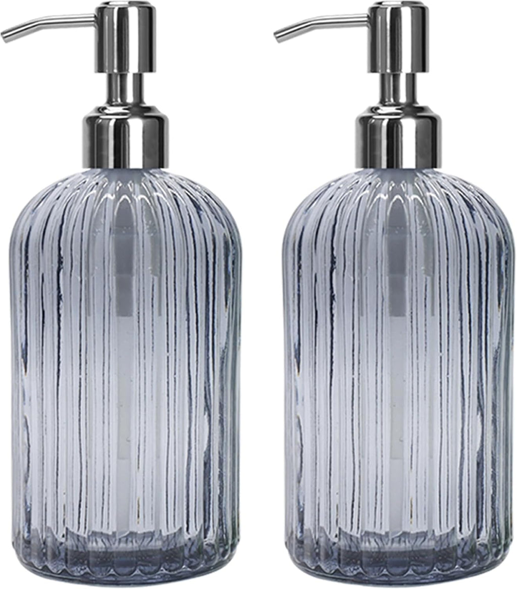 Grey Glass Soap Dispenser 18 oz, 2 Pack Hand Dish Soap Dispensers Bathroom with Stainless Steel Pump, Refillable Kitchen Liquid Decorative Bottles for Hand Sanitizer, Lotion