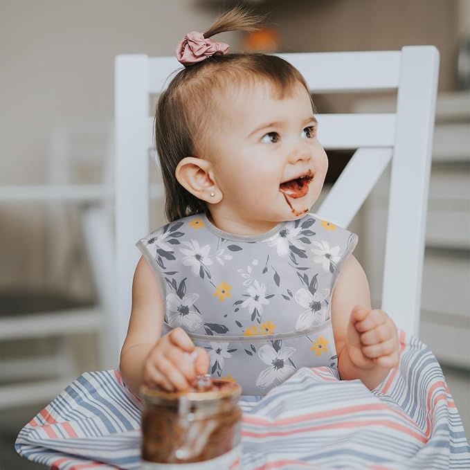 Mess Proof Baby Bib 3 Pack, Waterproof Led Weaning Baby Feeding Bibs with Food Catcher, Travel Feeding Bibs