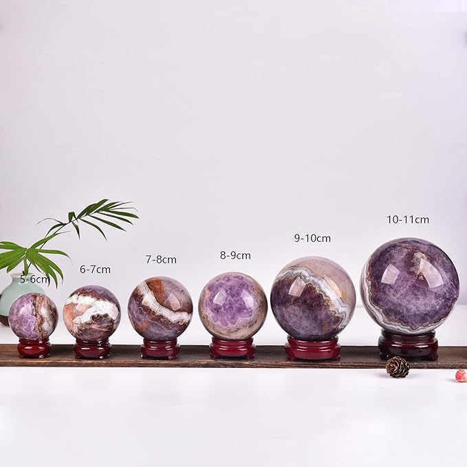 JIC Gem Large Amethyst Healing Crystal Sphere with Stand Amethyst Agate Crystal Decorative Ball for Home Decor Altar Reiki Healing Gift 80-90mm