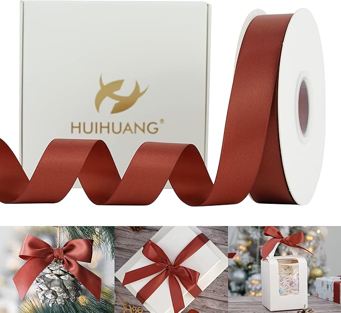 HUIHUANG Satin Ribbon 1 inch Wide Rust Red Ribbon for Fall Wedding 50 Yards Double Face Silk Satin Ribbons for Crafts Christmas Tree Decor Gift Wrapping Bows Bridal Floral Bouquet Invitation Card