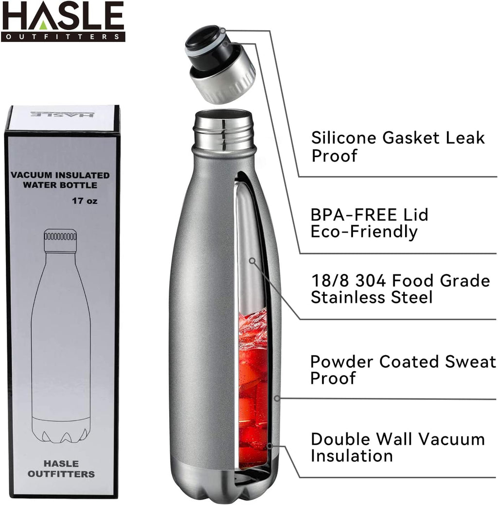 HASLE OUTFITTERS 17oz Stainless Steel Water Bottles Bulk, Vacuum Insulated Water Bottles Double Walled Reusable Metal Sports Water Bottles Keep Drinks Hot and Cold, Gray, 8Packs