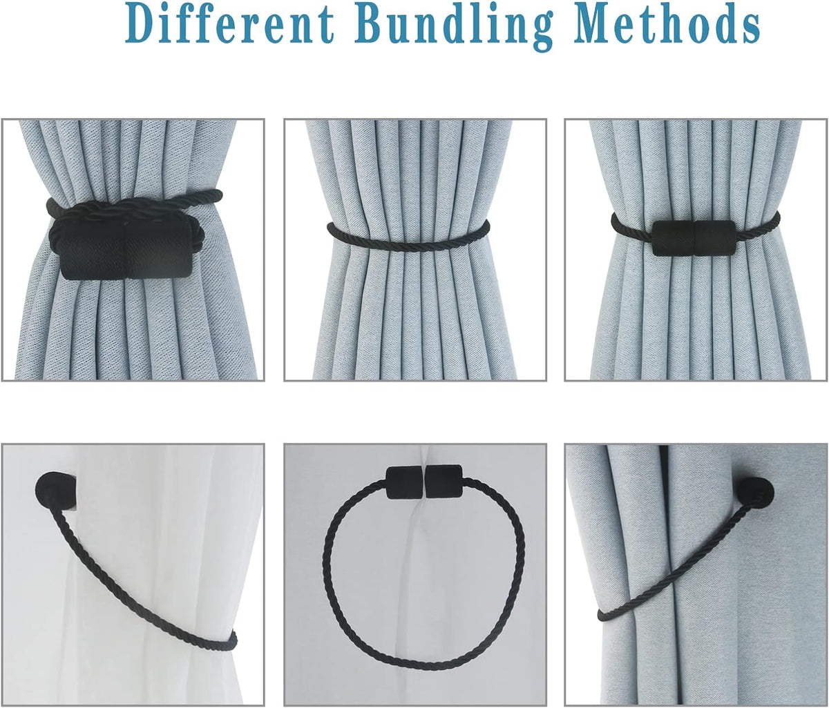 Magnetic Curtain Tiebacks 2 Pack Black Curtain Rope Tieback Curtain Holders for Drapes Modern Tie Backs Decorative Curtain Holdbacks