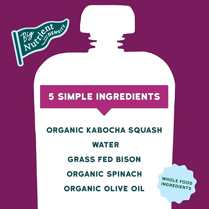 Serenity Kids 6+ Months Baby Food Pouches - Ethically Sourced Grass-Fed Bison & Organic Kabocha Squash & Spinach Puree - BPA-Free Baby Puree Pouches - 3.5 Oz, 6 Pack