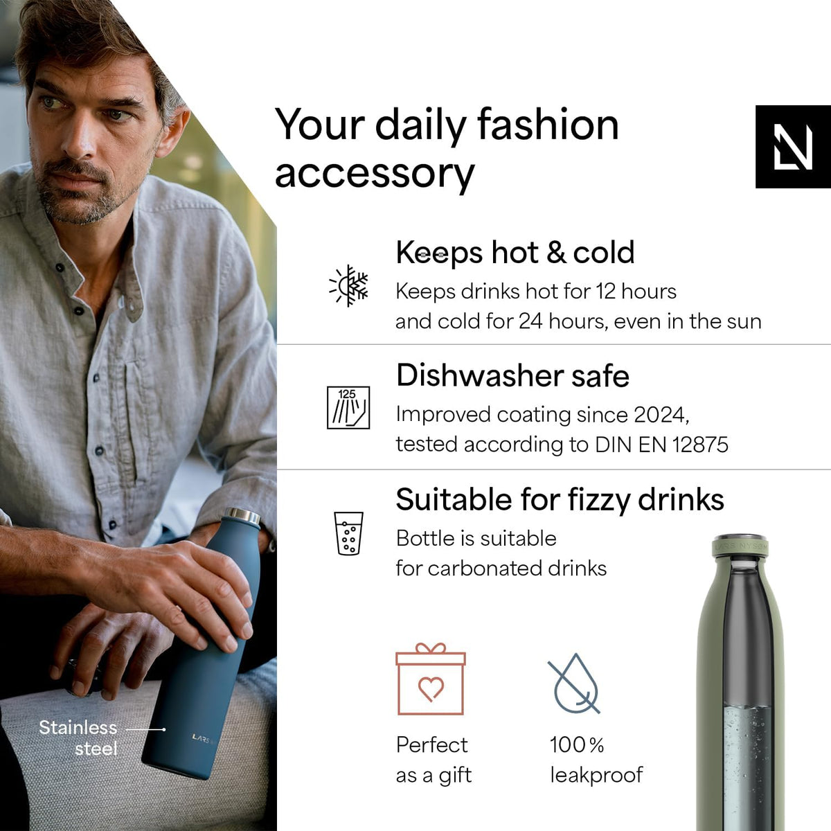 LARS NYSØM Stainless Steel Insulated Water Bottle 12oz 17oz 25oz 34oz 51oz | Insulated Thermo Flask for Hot and Cold Beverages | Leakproof Drinking Bottle (Sage Green, 25.4oz)
