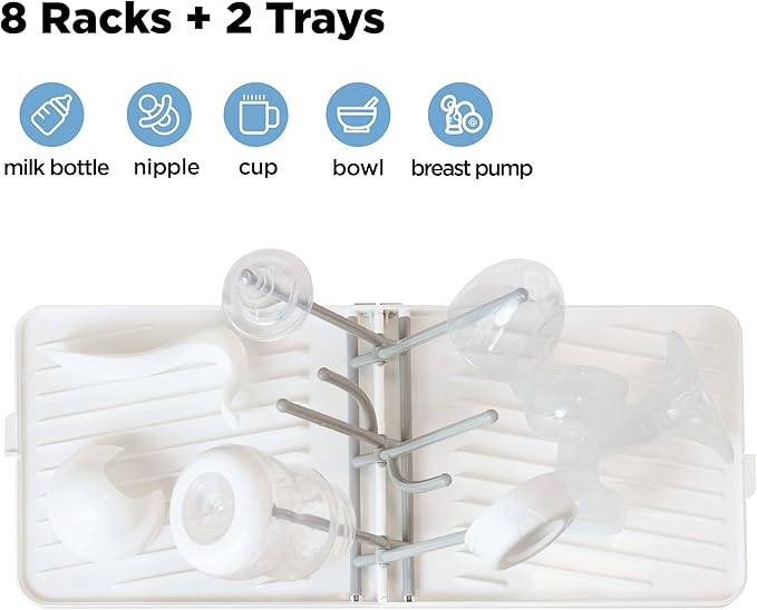 YOTIME Baby Bottle Drying Rack with Drainer, Foldable & Space Saving Drying Rack for Baby Bottles, Nipple and Accessories, White