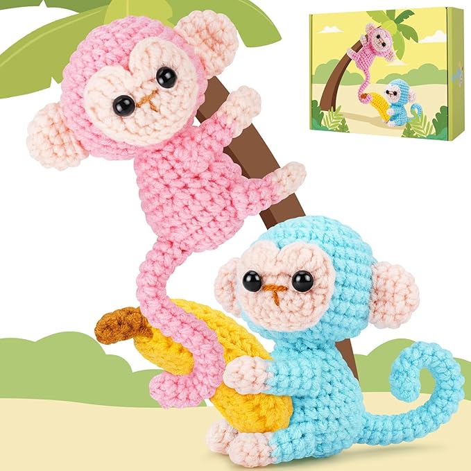 Crochet Kit for Beginners - 2 PCS Monkey with Banana Crochet Kits with Step-by-Step Video Tutorials, Beginner Crochet Kit for Adults, Crochet Monkey Kit for Kids (Blue & Pink)