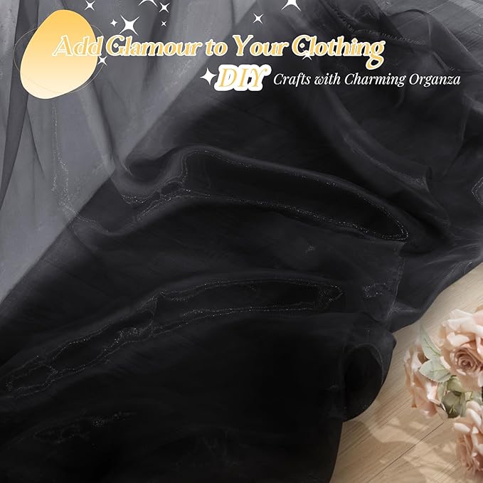 P Pothuiny Sheer Organza Fabric by The Yard, 10 Yards x 60 Inch Wide Bridal Black Organza Tulle Fabric Roll Shiny Gauze Fashion Dress Sewing Craft for Wedding Party Decorations Backdrop
