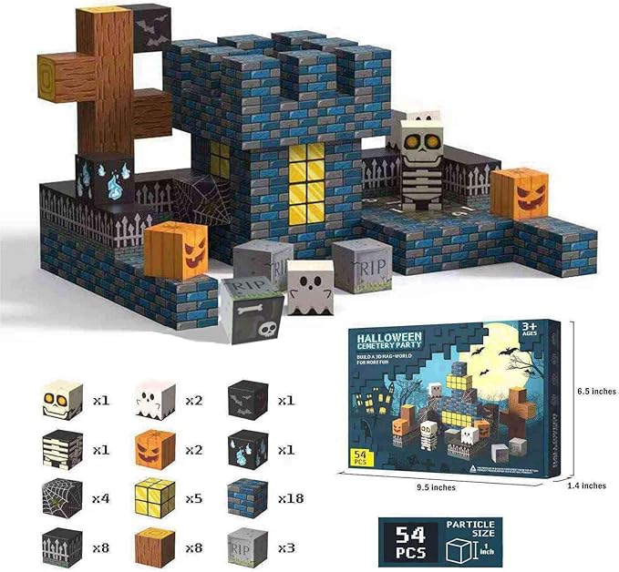Halloween Themed Magnetic Blocks for Kids Skeleton Toys Spooky Town Building Kit Halloween Party Favors Gift for Children & Adults(1 inch)