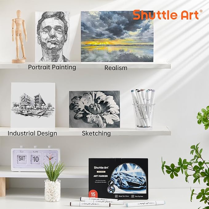 Shuttle Art 15 Colors Grey Tones Dual Tip Art Marker, Alcohol Based Marker Pens Double Ended with Fine and Chisel Point Tips Perfect for Drawing,Shading,Sketching,Designing,Outlining,Illustrating