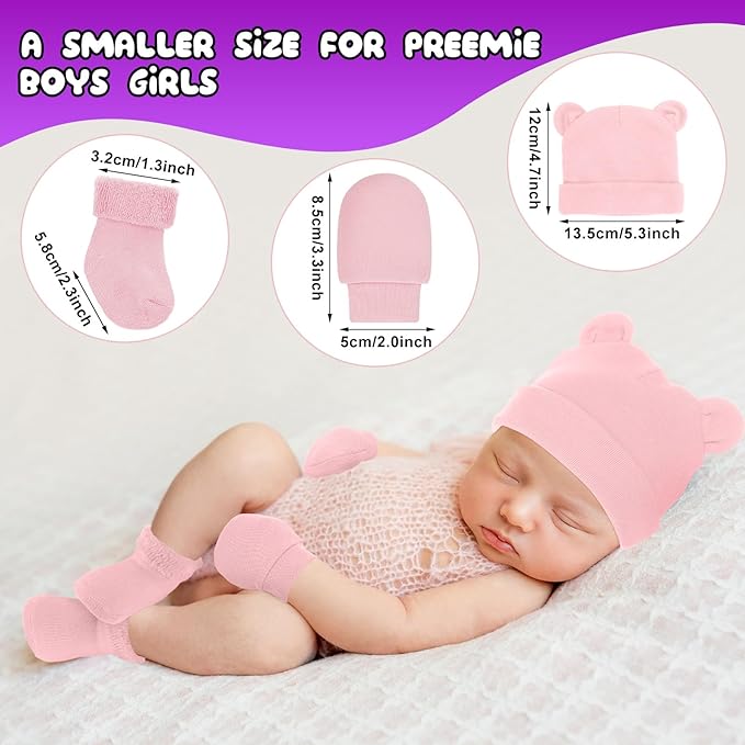 Cuffbow 4 Pcs Preemie Hats Mittens and Socks Set Preemie Mittens Warm Terry Socks for Baby
