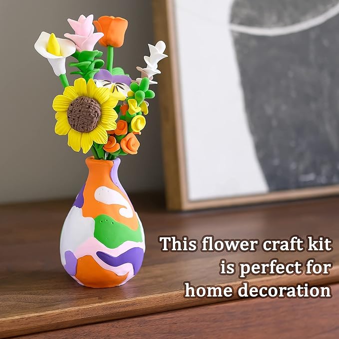 Drama Planet Flower Craft Kit for Kids, Make Your Own Flower Bouquet with Air Dry Clay, Arrange Clay Flowers & Create Personalized Art, Great Gifts for Girls
