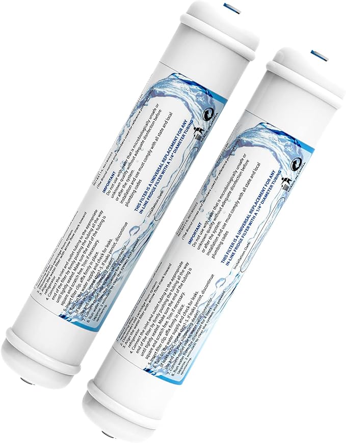 2 Pack Inline Water Filter 1/4" Quick-Connect Replacement Cartridge Inline Activated Carbon Block Filter for Refrigerator, Ice Maker, Under Sink System, Reduces Chlorine, Fluoride, Limescale and More