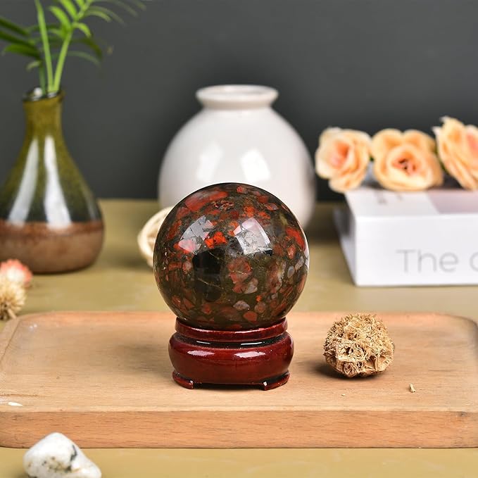 JIC Gem Brazilian Red Agate Crystal Sphere Gemstone Sphere Red Crystal Ball with Display Stand Home Decor Meditation Grid Energy Balance (50-60mm)