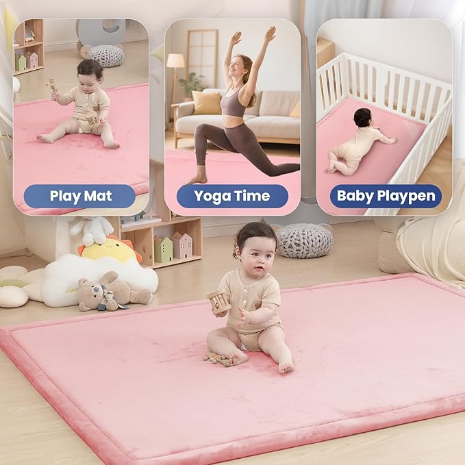 Baby Play Mat for Floor,1.3" Thick Memory Foam Tummy Time Mat for Toddlers,Infants,Kids,Soft Coral Velvet,Extra Large Non Slip for Crawling,Yoga,Tatami Style for Living Room(Pink)