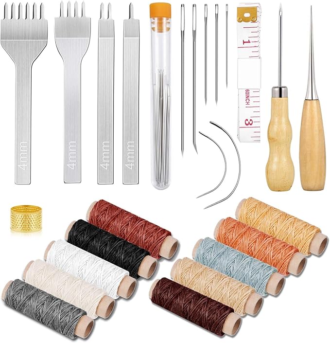 Cridoz 35 Pcs Leather Pouch Kit with Hole Punch, Sewing Tools, Waxed Thread and Large-Eye Stitching Needles for Beginner Crafting Projects