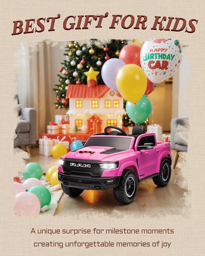 Licensed Ram 1500 12V Ride on Toys, Kids Ride on Car with Remote Control, Electric Vehicle for Toddler with Smooth Start, Pickup Truck Bed Storage, Spring Suspension, Aux Port (Pink)