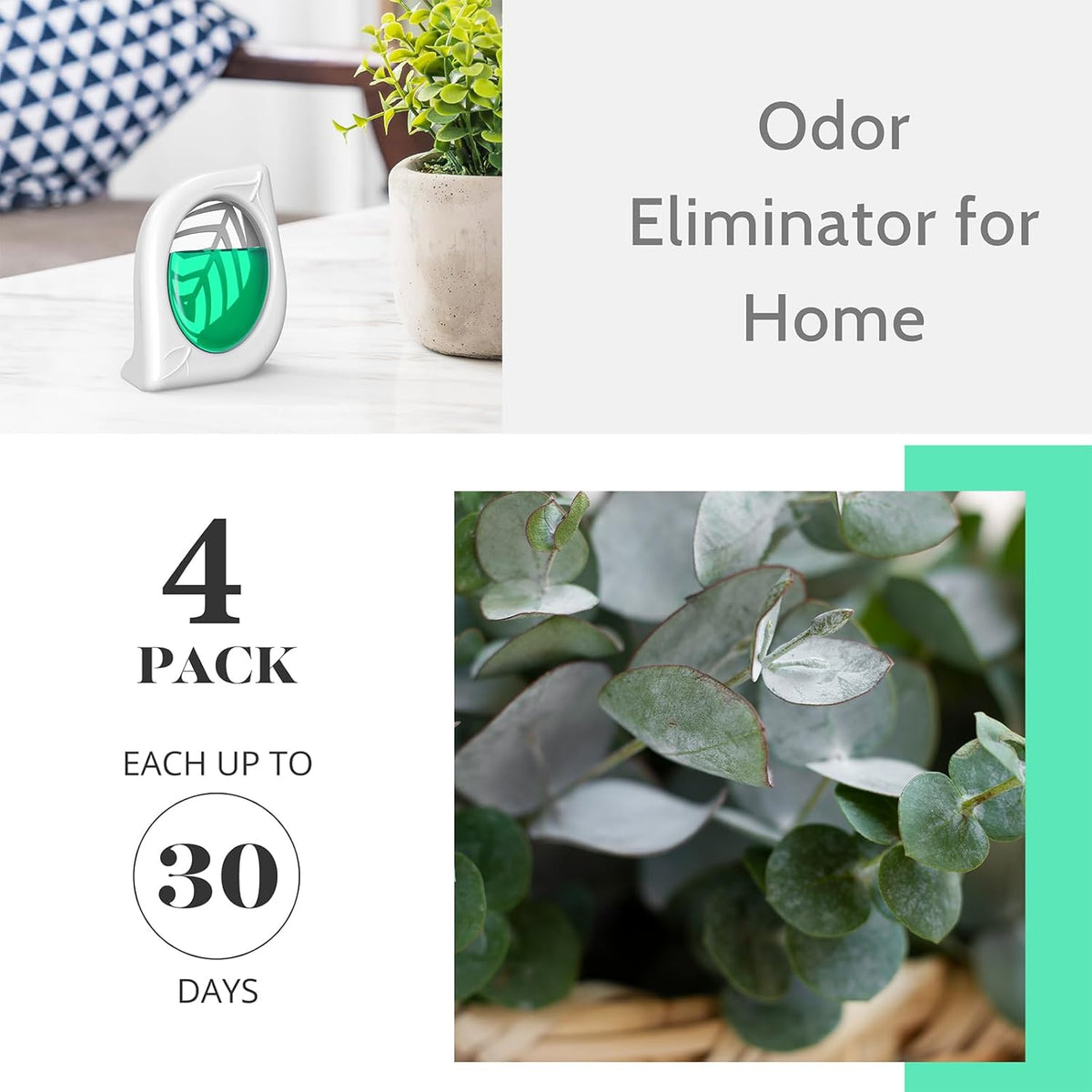 Air Freshener for Home, 4 Pack, Eucalyptus & Mint, Odor Eliminator for Small Area Closets Bathroom Pets Strong Odor, Up to 120 Days