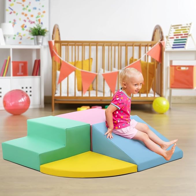4-Piece Soft PU Leather Toddlers Climbing Toys, Baby Foam Climbing Blocks for Babies Toddlers, Waterproof Foam Play Gym Climber Structures for Toddler 3, Indoor Climb and Crawl Activity Play Set