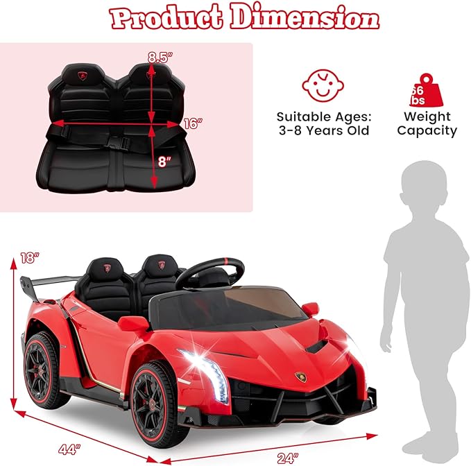 Costzon Ride on Car, Lamborghini Licensed 12V Battery Powered 4WD Sports Car with Remote Control, 3 Speeds, Hydraulic Doors, LED Lights, Towing Wheel, Horn, Music, Electric Vehicle for Kids Aged 3-8