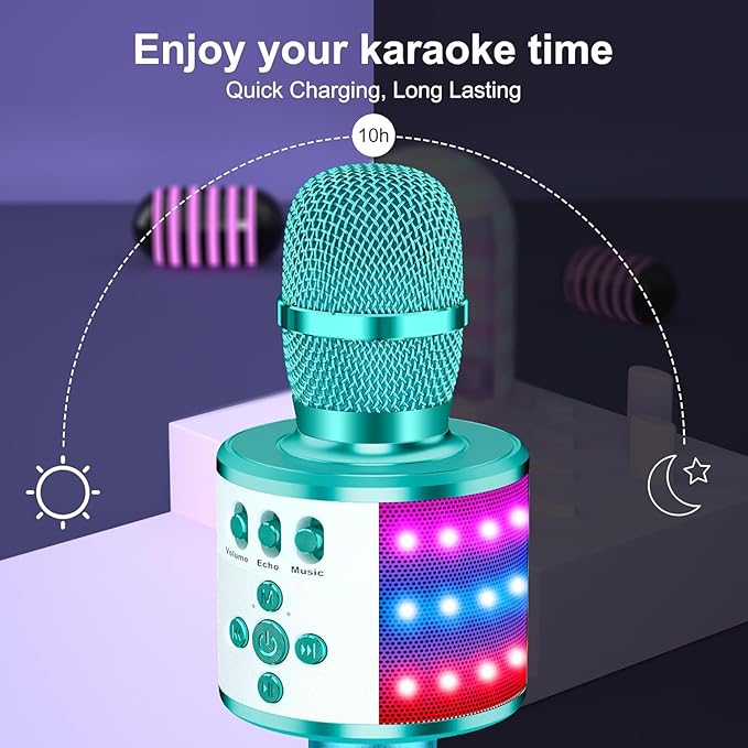BONAOK Karaoke Microphone for Kids & Adults - Bluetooth Microphones Singing Mic with Disco Lights, Echo Effect, Built-in Speaker Portable Karaoke Player for Party Travel Gifts Q78(Ice Blue)