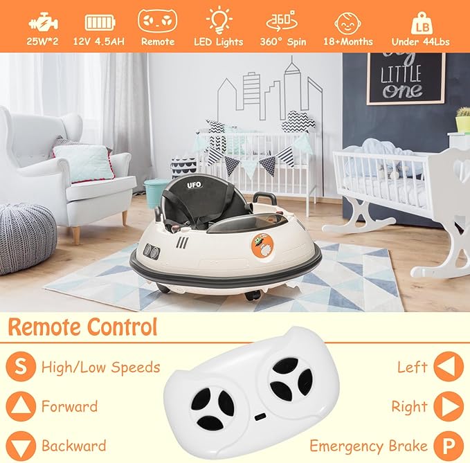 12V Electric Ride on Bumper Car for Toddlers, Kids Bumper Car with Remote Control, 360 Degree Spin, LED Lights, Dual Joysticks, Safety Belt for 18+ Months Kids, White