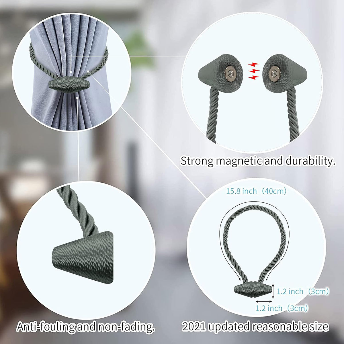 Hion Magnetic Curtain Tiebacks Gray Blue 2pcs, Curtain Tiebacks Buckles Holdbacks Holders Hooks Clip for Home Bedroom Office Decorative Curtain