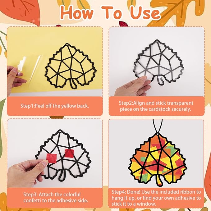 Renbuzhu 40PCS Fall Crafts Bulk: Leaves Pumpkins Paper Suncatchers DIY Kit for Autumn Thanksgiving Activities Decorations, Window Stained Glass Effect Art Supplies(Black Frame)