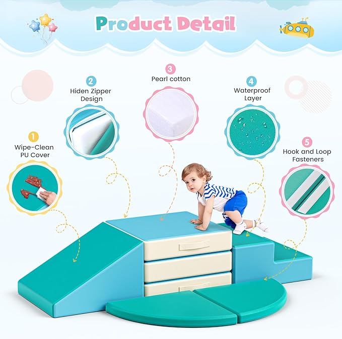 Lischwert Foam Climbing Blocks for Toddlers 1-3, 5pcs Foldable Soft Play Set with Crawling Exploration Toys - Indoor Infant Safe Blocks for Baby Gym & Toddler Playground - Blue