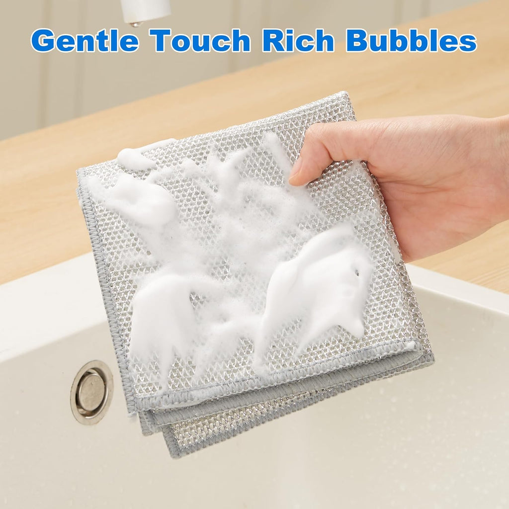 JOYMOOP Dual-Sided Silver Microfiber Cleaning Cloth, Reusable Non-Scratch Dishwashing Rag, Multipurpose Scrubbing Pads for Kitchen, Glass, Stainless Steel