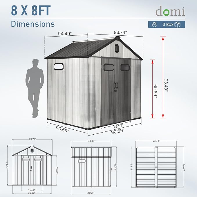 Domi 8x8 FT Outdoor Resin Storage Shed, All-Weather Double-Wall Storage Building for Backyard, Garden, Lawn Tools, Mower, Bike & Pool Equipment, Lockable Doors, Ventilated Roof, Grey
