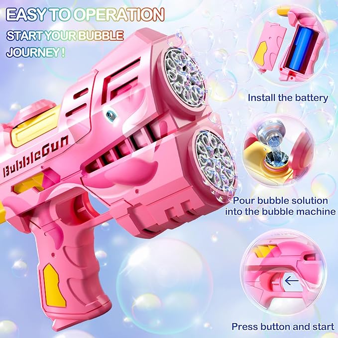 2 Pack Bubble Guns for Kids, Rechargeable LED Light Up Dinosaur Bubbles Machine Blower with 4 Bottles Refill Solution for Toddlers 4-8, Wedding Party Birthday Gift