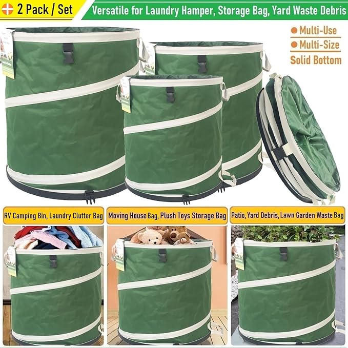 2-Pack 32 Gallon Collapsible Trash Can (19x25 in) Solid Bottom for Yard Waste Bag,Yard Debris Bag,Pop-Up Trash Can,Recycling Bin,Camping Waste Bin,Laundry Hamper,Lawn Grass,Garden Weeds Bags,Leaf Bags