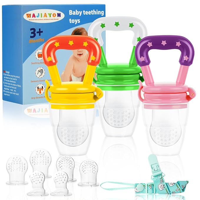 WAJIAYON Baby Fruit Feeder/Food Feeder Pacifier (3 Pack)- Infant Teething Feeders | Silicone Teether Feeder Babies | Baby Feeding Essentials | Food Pacifier for Babies - Pink