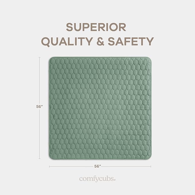 Comfy Cubs Square Kids Play Mat - 56 x 56 inches Soft Quilted Baby Floor Mat with Non-Slip Bottom - Plush Design for Toddlers' Playtime and Relaxation - Comfortable and Durable - Fern