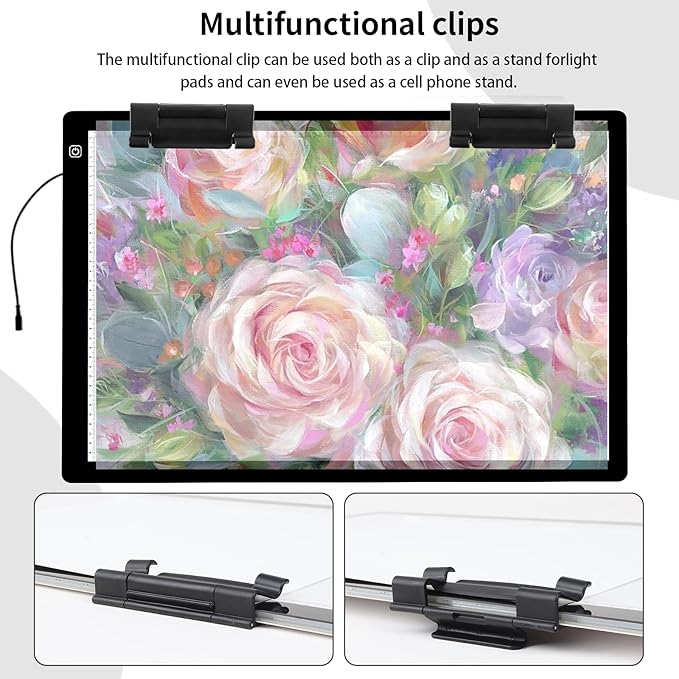 YINGWOND A2 Light Pad for Diamond Painting with Fixed Charging Cord, 3 Levels of Brightness, Big Paper Clamps and 12V Adapter, Uniformly Illuminated Light Board for Tracing Drawing and Weeding Vinyl