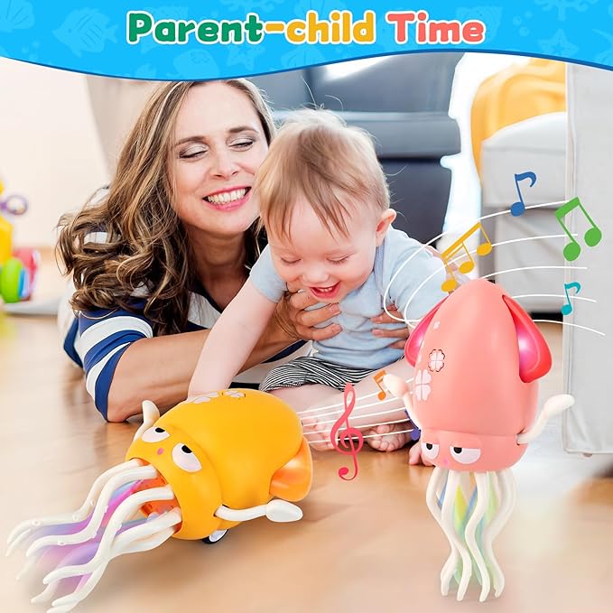 USB Rechargeable Dancing Octopus Baby Toy - Electric Crawling & Tummy Time Toy, Magical Musical Squid, Birthday for Kids Ages 1 2 3 4 5 6, Boys & Girls (Yellow)