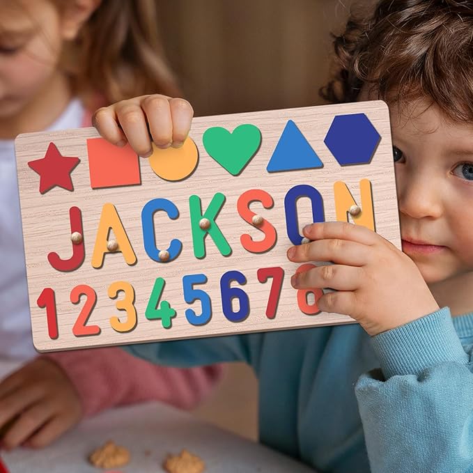 Personalized Name Puzzle for Kids, Personalized Baby Gifts Name Puzzles for Toddlers 1-3, 1st Birthday for Girls & Boys Wooden Alphabet & Shape Puzzle Montessor Toys for Kids